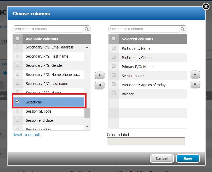 Where to find session options in Customize columns.