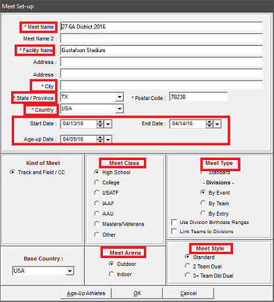 Meet Set-Up Screen for Track and Field Meet Manager